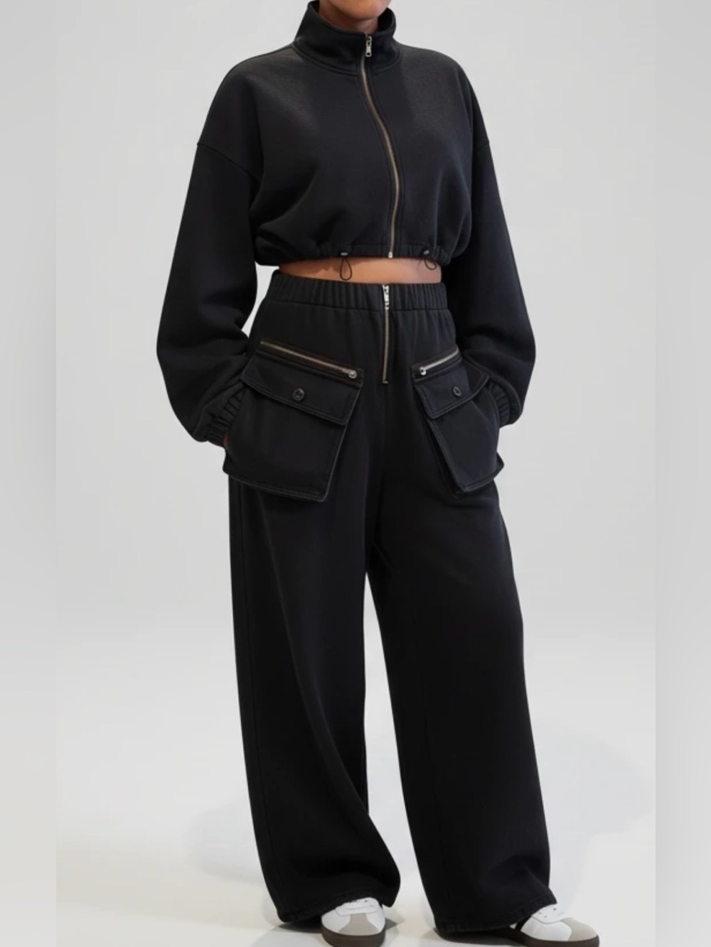 Fashion Nova Black Cropped Zip Jacket & Wide-Leg Cargo Pants Set